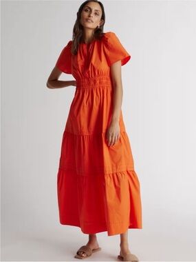 Quince 100% Organic Cotton Poplin Tiered Maxi Dress in Orange Size Small S NEW